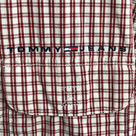 Tommy Hilfiger Jeans Dress Shirt Preppy Red Plaid Men's Size XL Logo EUC - Picture 3 of 8